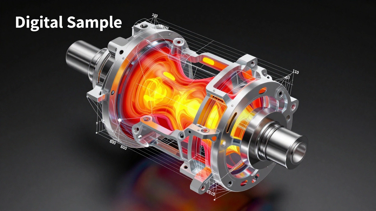 Цифровой пример детали двигателя с тепловой картой зон перегрева