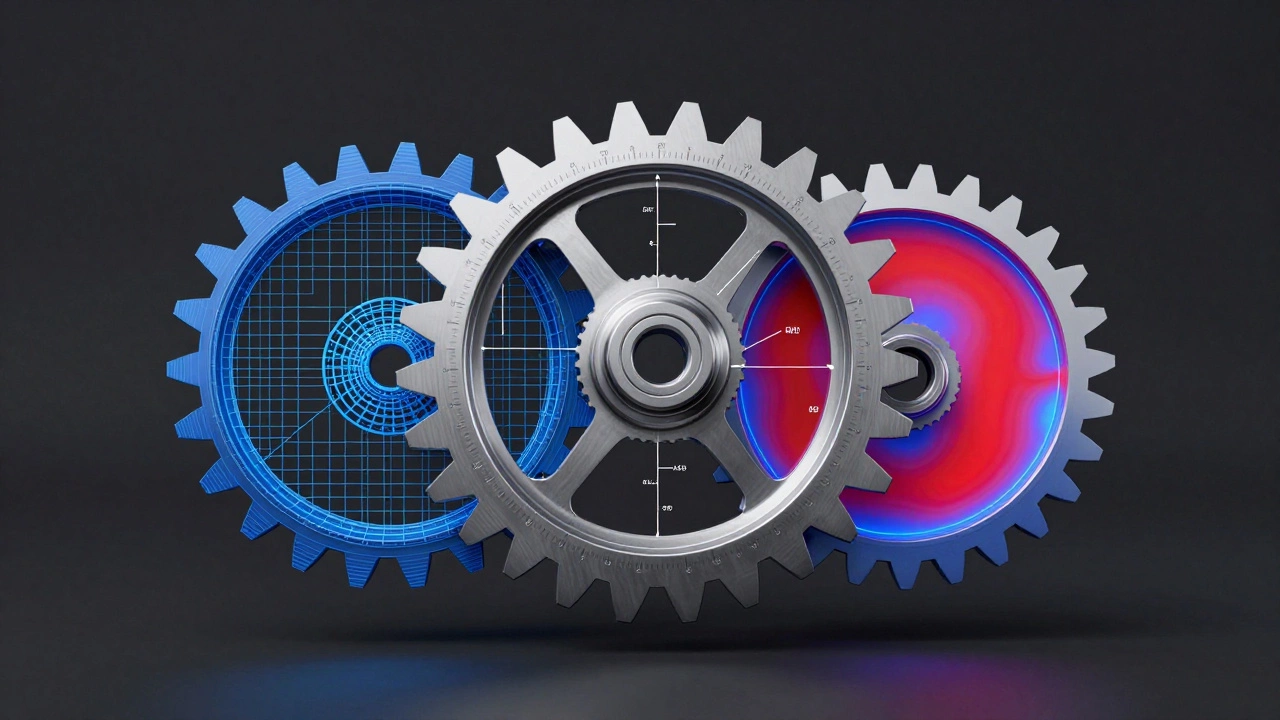 Концептуальное изображение шестерен в виде сетки, металлической детали и тепловой карты