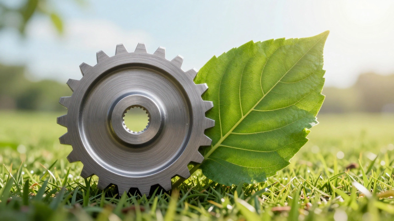 Концептуальное изображение стальной шестерни, переходящей в зеленый лист.