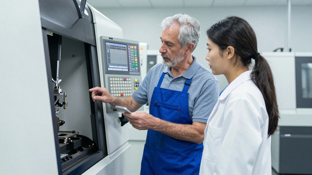 Опытный инженер обучает молодого специалиста работе на современном станке с ЧПУ