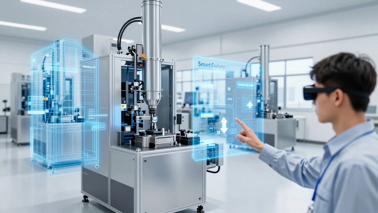 Рабочий в AR-очках на современном заводе с использованием цифровых двойников оборудования