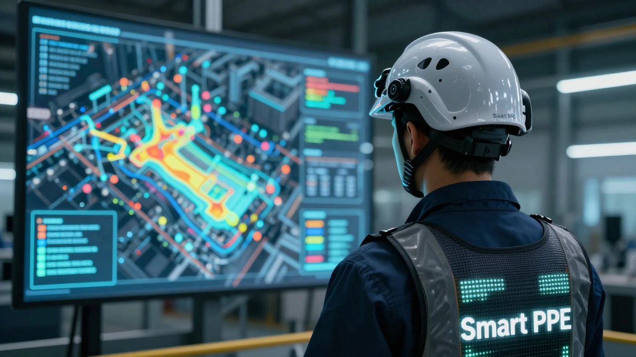 Рабочий в умных средствах индивидуальной защиты на фоне цифрового двойника завода