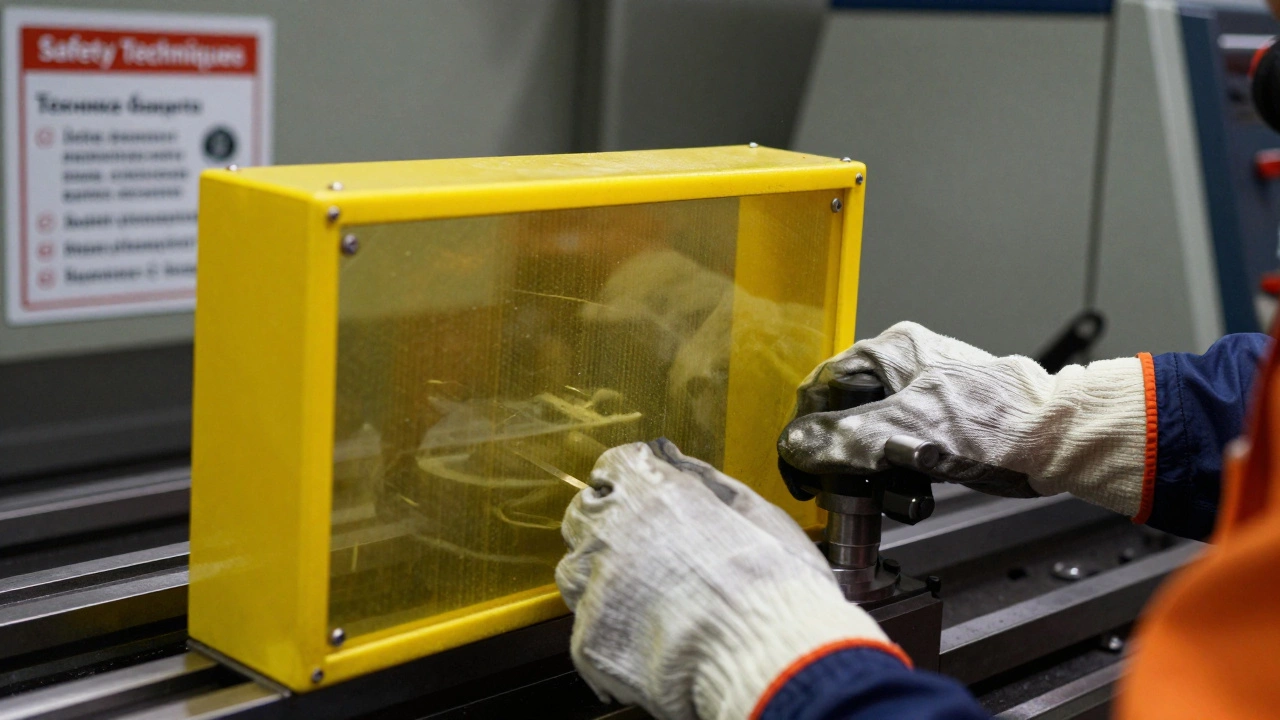 Руки рабочего устанавливают защитный кожух на промышленный станок