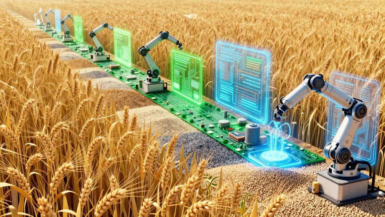 Символическое изображение перехода от сельского хозяйства и химии к высоким технологиям.