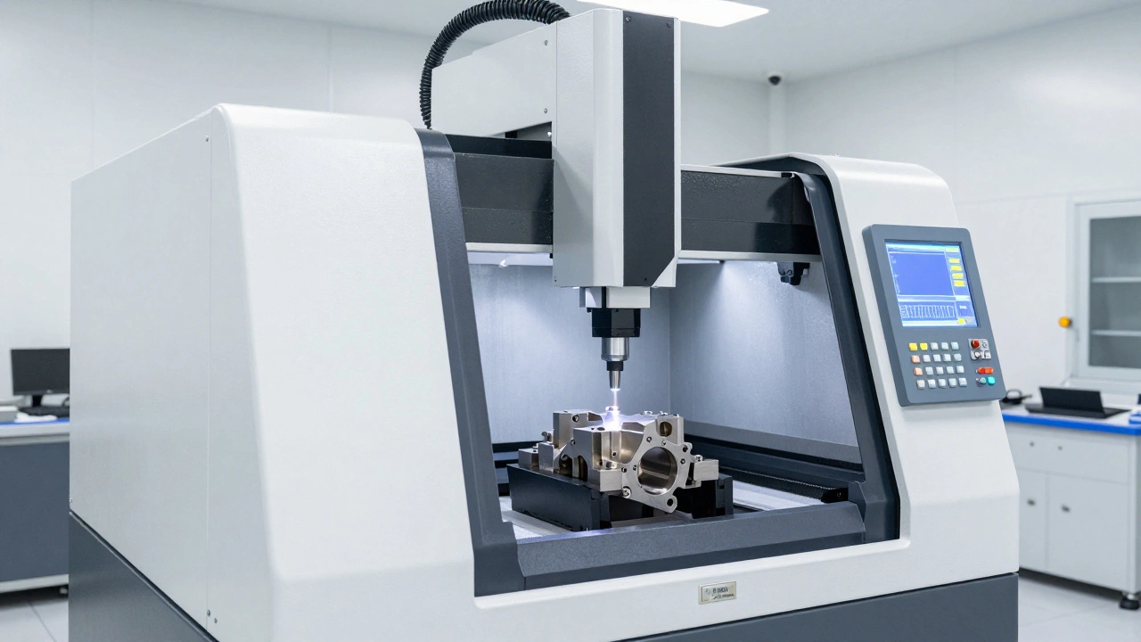 Современный измерительный прибор сканирует металлическую деталь в чистом цеху.