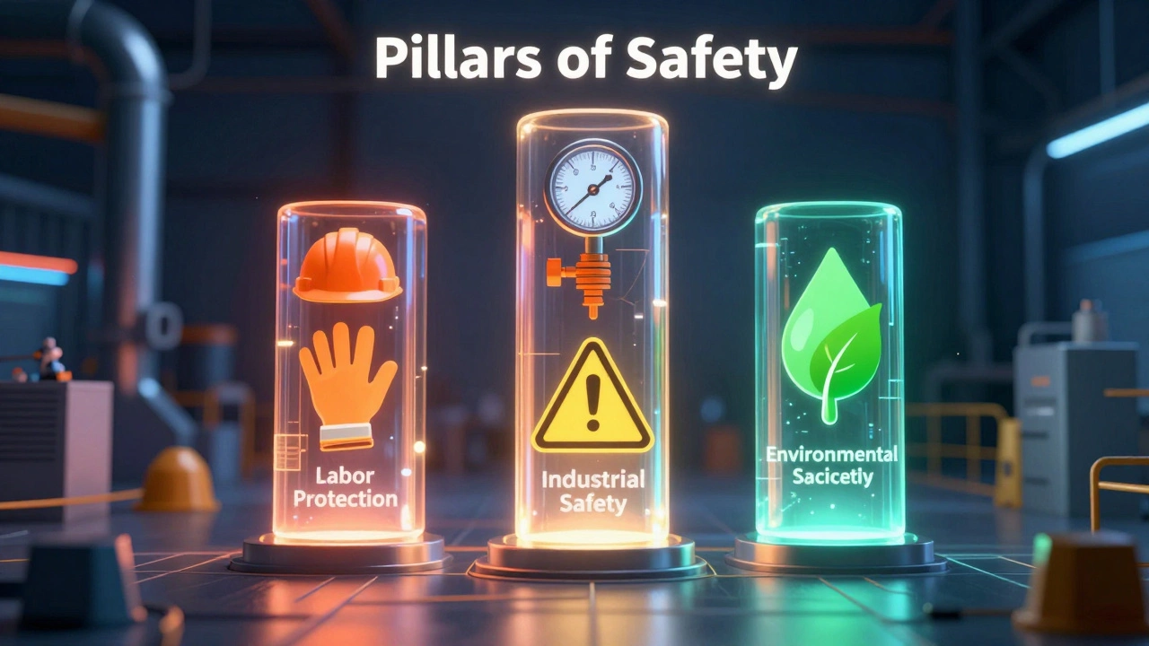 Три голографические колонны, символизирующие охрану труда, промбезопасность и экологию